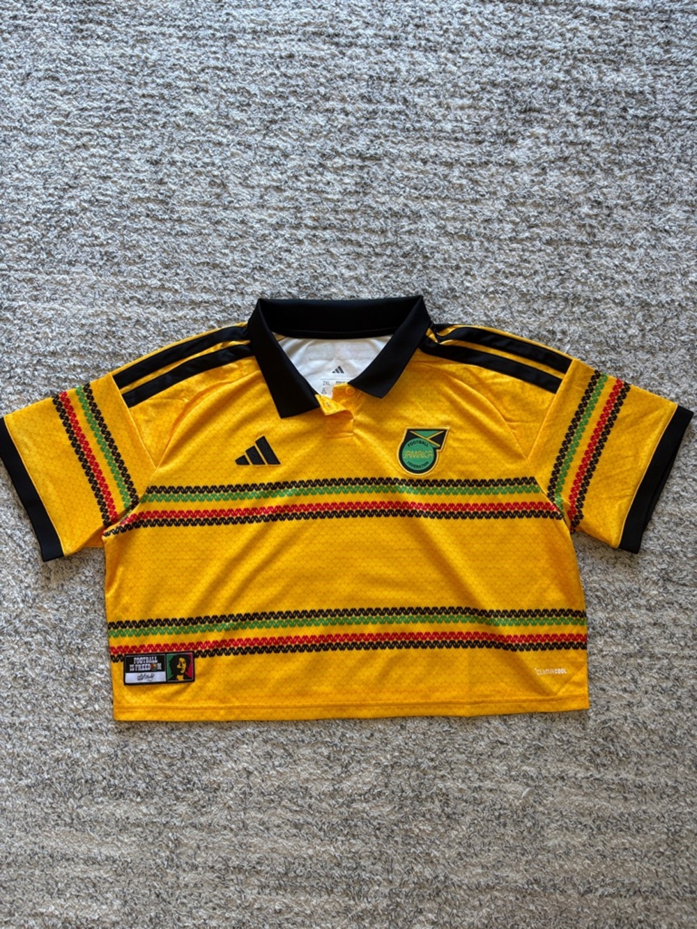 adidas Yellow Women’s Cropped Jamaica Football Polo with Black Collar